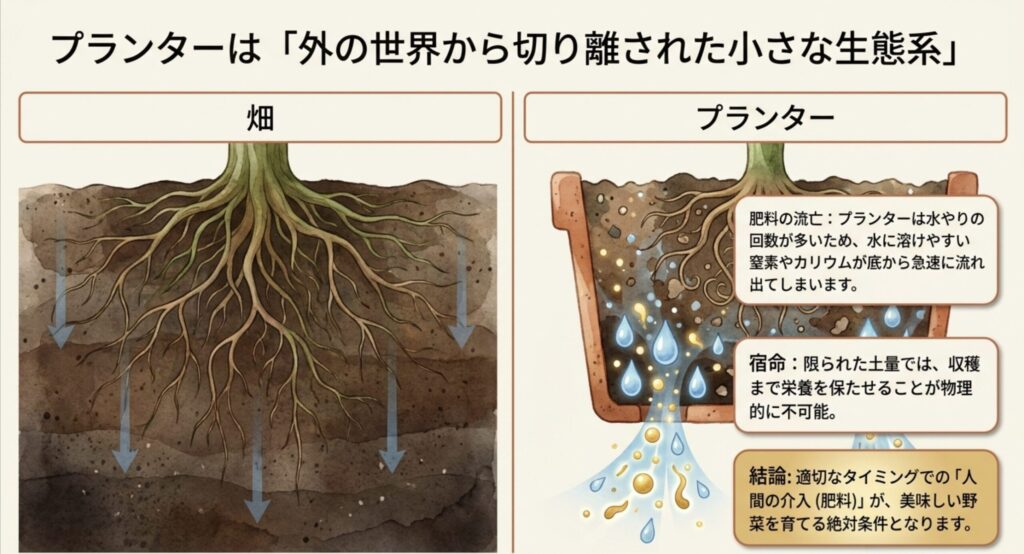 元肥を「基礎体力作り」、追肥を「栄養ドリンク」に例え、それぞれの役割と最適な肥料タイプを解説した図解スライド。