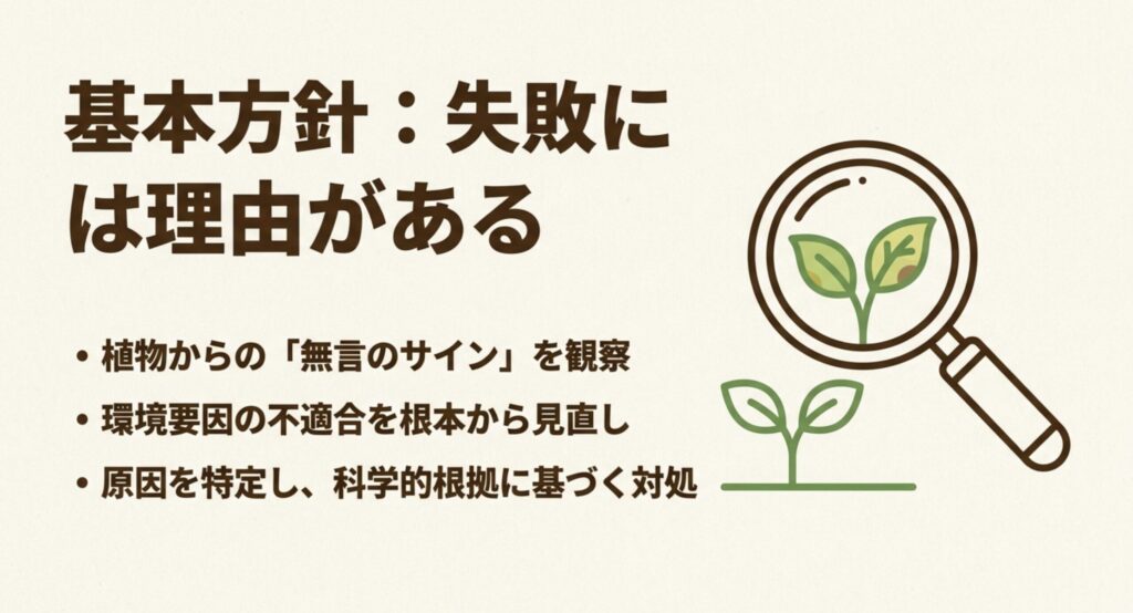 野菜づくりの失敗には理由があり、植物のサイン観察や環境要因の見直しが重要であることを示すスライド