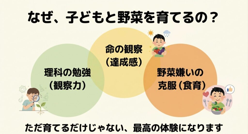 理科の勉強、命の観察、野菜嫌いの克服など、子どもと野菜を育てる3つのメリットを図解