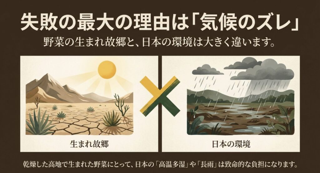 野菜の原産地である乾燥した高地と、日本の高温多湿や長雨の気候の違いを比較したイラスト