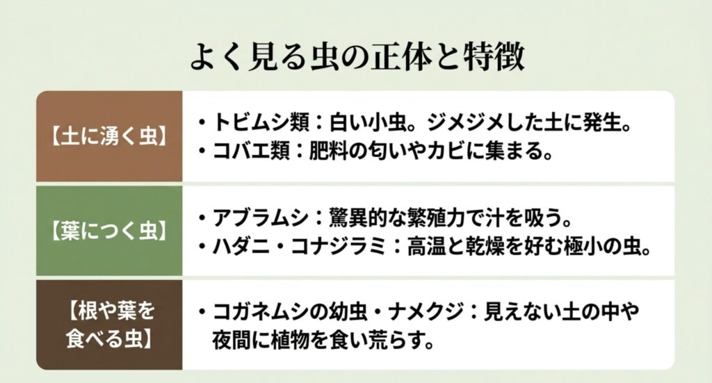 よく見る虫の正体と特徴。 土に湧くトビムシ類やコバエ類、葉につくアブラムシやハダニ・コナジラミ、根や葉を食べるコガネムシの幼虫・ナメクジの特徴。