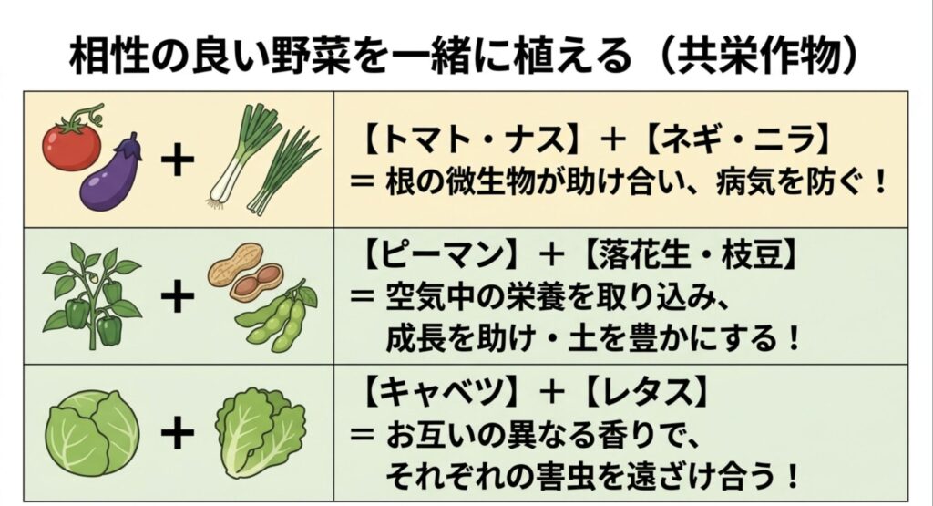 トマトとネギ、ピーマンと落花生など、相性の良い野菜を一緒に植える共栄作物の組み合わせイラスト