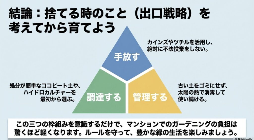 土の処分・管理・調達の3つのステップを整理した図解