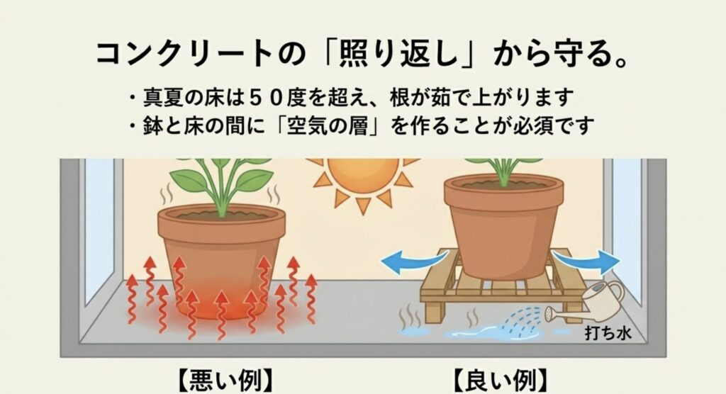 プランターを床から浮かせて空気の層を作り、照り返しから根を守る工夫