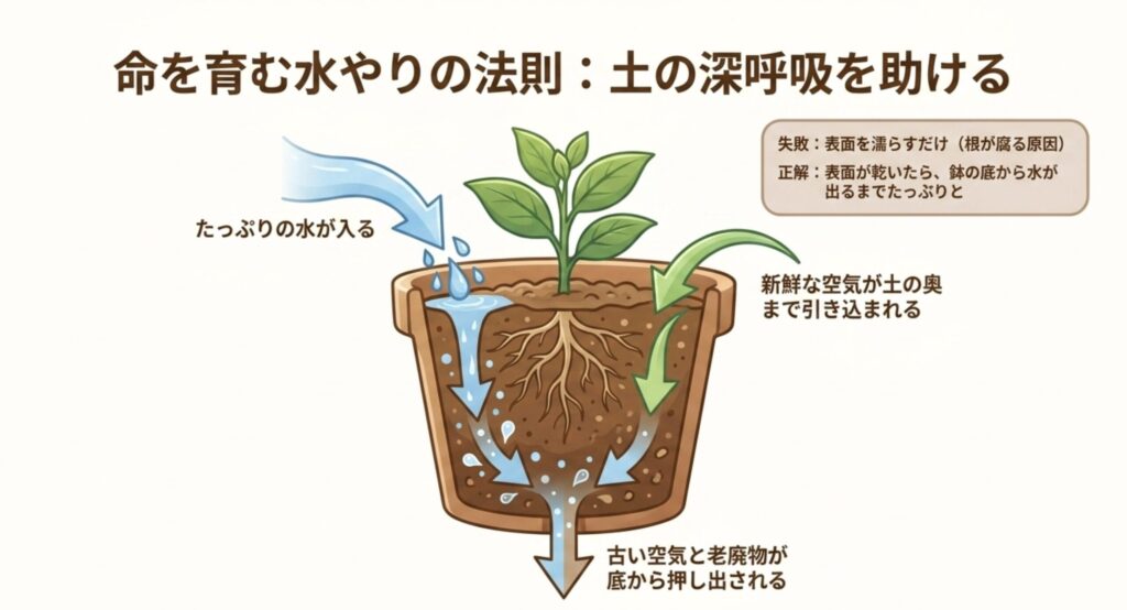 命を育む水やりの法則。表面が乾いたら鉢の底から水が出るまでたっぷりと与え、土の深呼吸を助ける