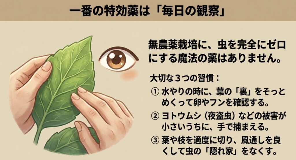 一番の特効薬は毎日の観察であり、葉の裏の確認や手での捕獲など、無農薬栽培に大切な3つの習慣のイラスト