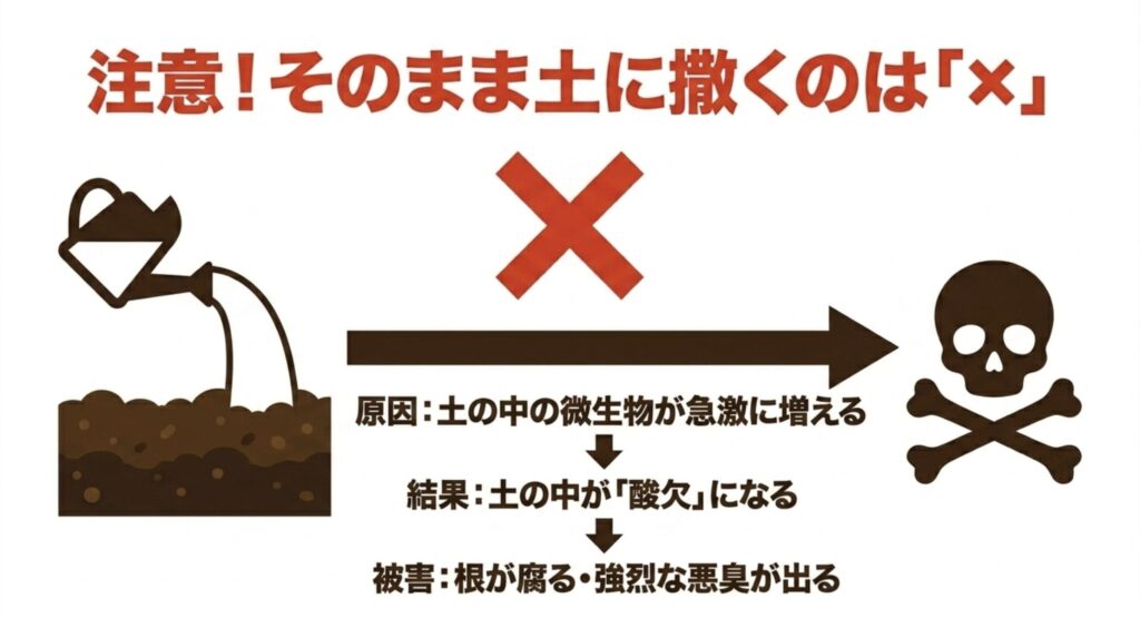 注意!牛乳をそのまま土に撒くと土の中の微生物が急激に増えて酸欠になり、根腐れや悪臭の原因になる