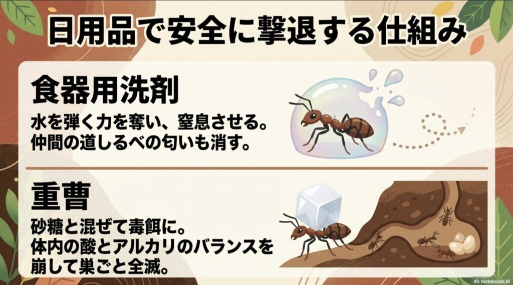 日用品で安全に撃退する仕組み。食器用洗剤でアリを窒息させ、重曹と砂糖を混ぜた毒餌で巣ごと全滅させる方法。