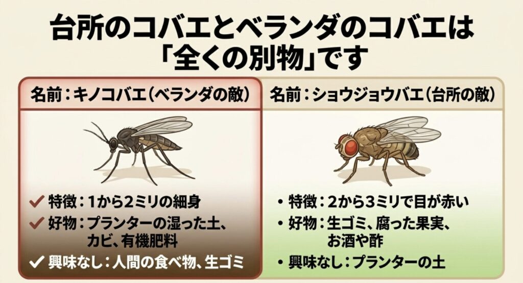 プランターの土を好むキノコバエと、生ゴミを好むショウジョウバエの特徴の違い