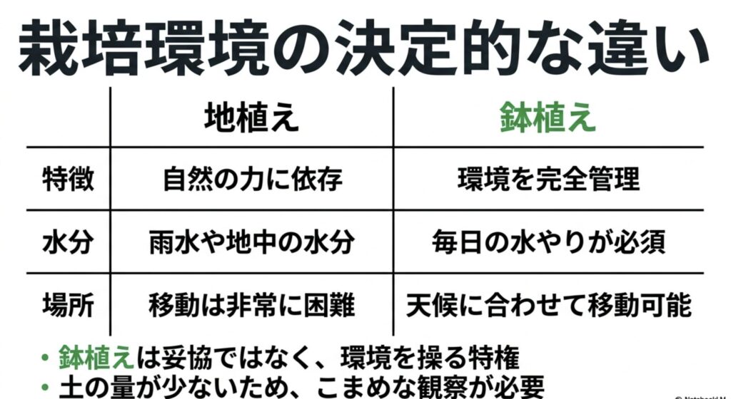 地植えと鉢植えの栽培環境の決定的な違い(水分や場所など)を比較した表