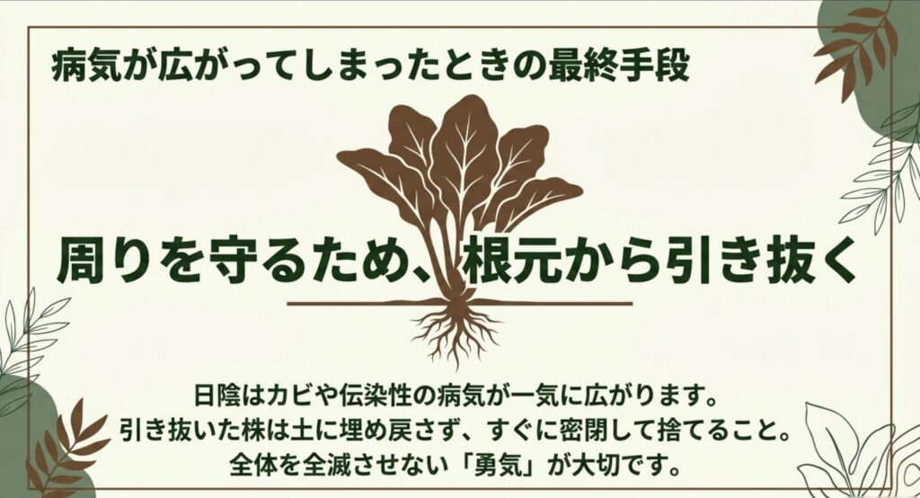 病気が広がってしまったときの最終手段。周りを守るため、感染した株は根元から引き抜いて密閉し処分する。