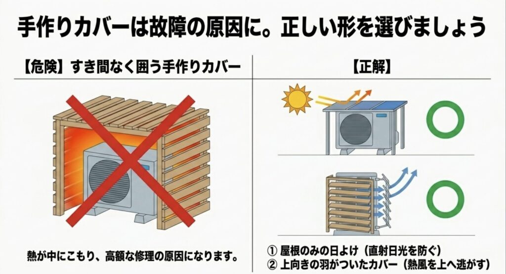 熱がこもる手作りカバーの危険性と、屋根のみ・上向き羽の正しいカバーの選び方