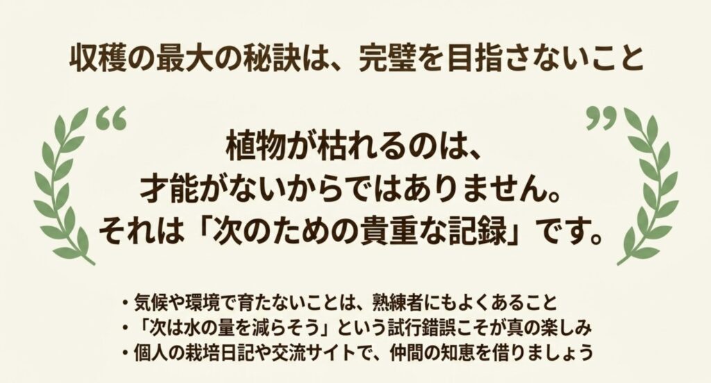 収穫の最大の秘訣は完璧を目指さないこと。植物が枯れるのは才能がないからではなく、次のための貴重な記録である
