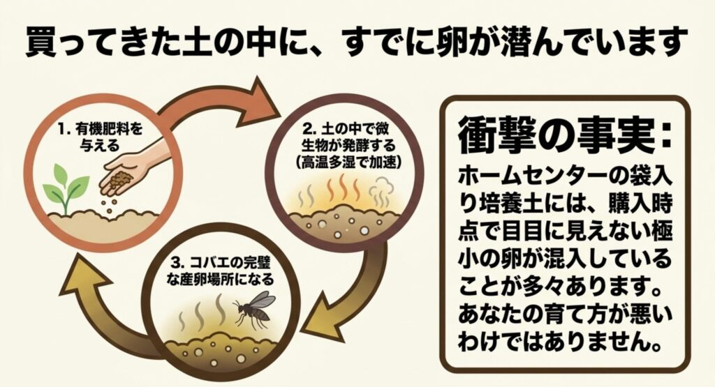 ホームセンターの袋入り培養土には購入時点で目に見えないコバエの卵が混入しているという解説