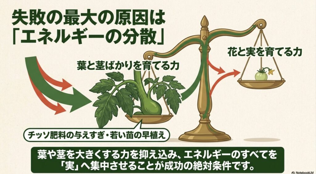 葉や茎ばかりを育てる力を抑え、実へエネルギーを集中させることが成功の条件であることを示す図解