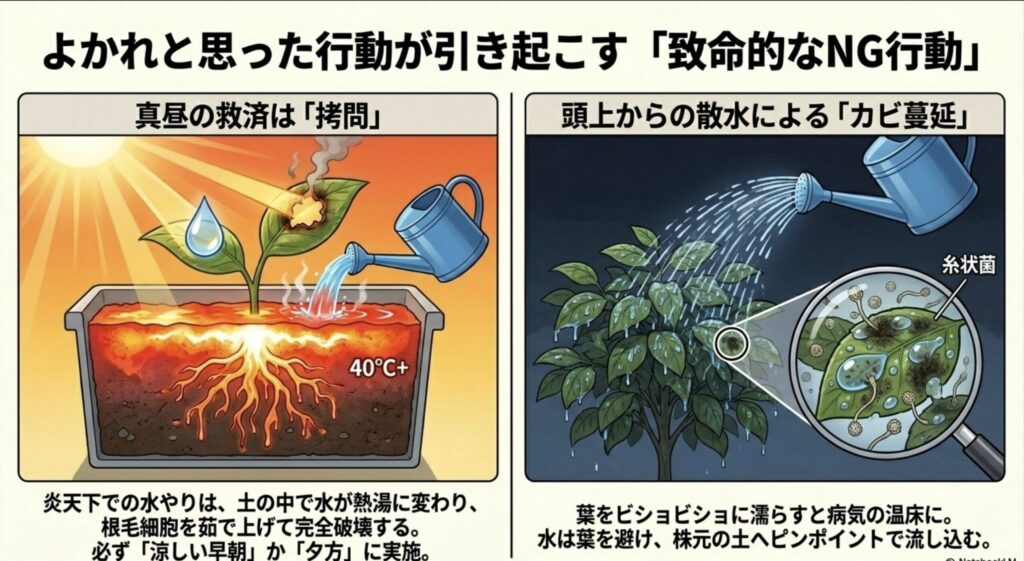 真昼の炎天下での水やりで根が茹で上がる様子と、頭上からの散水で葉に糸状菌が蔓延する様子のイラスト。