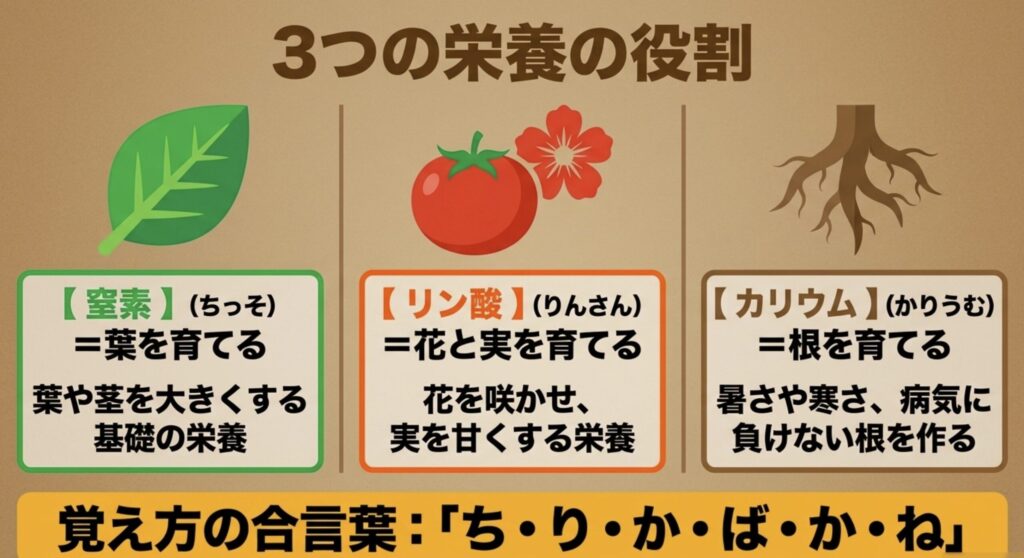 窒素（葉を育てる）、リン酸（花と実を育てる）、カリウム（根を育てる）という3つの栄養素の役割と覚え方