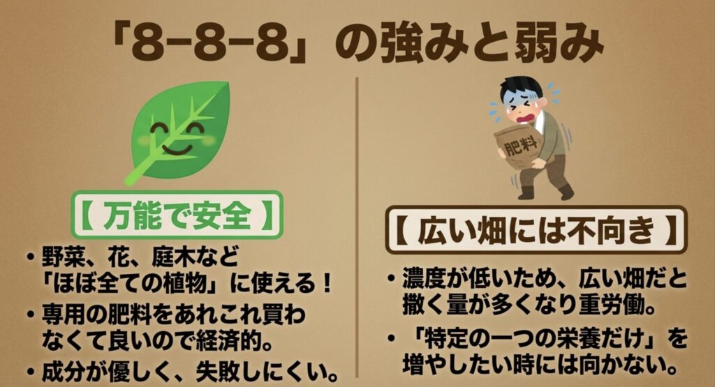 肥料8-8-8の強み（万能で安全・経済的）と弱み（広い畑には不向き）