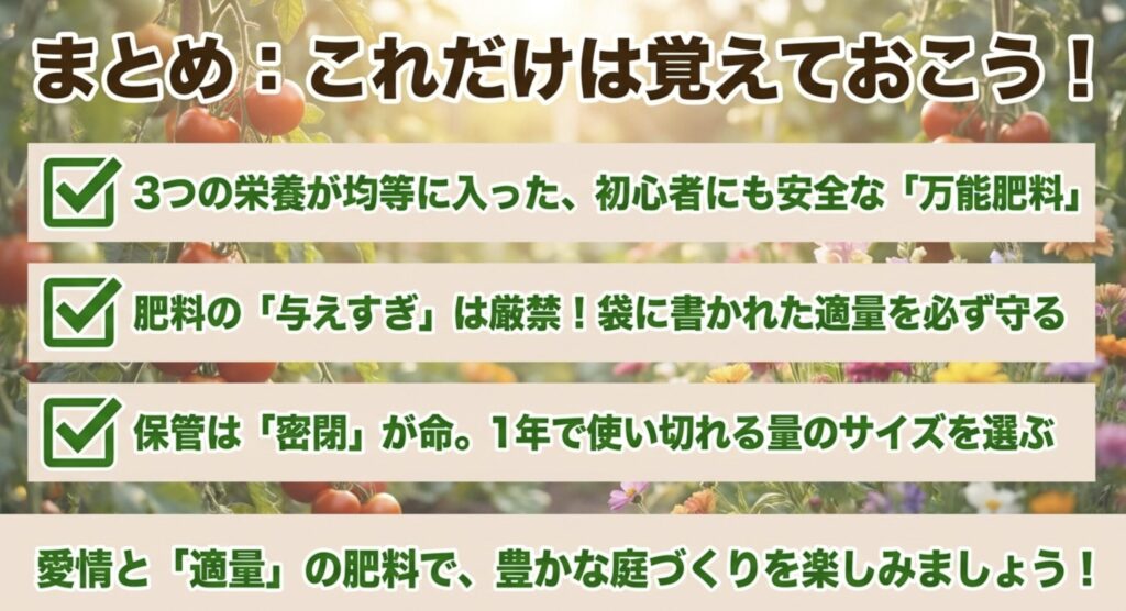 肥料のまとめ （万能肥料 、与えすぎ厳禁 、保管は密閉 ）