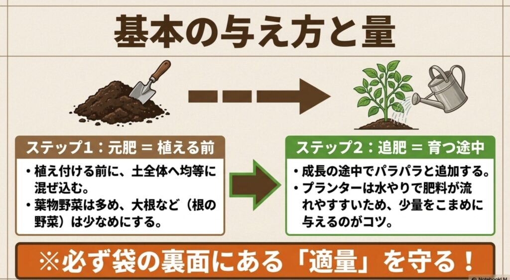 肥料の基本の与え方と量 （ステップ1:植える前の元肥 、ステップ2:育つ途中の追肥 ）