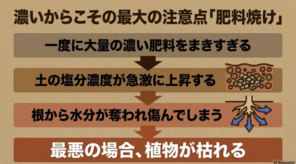 一度に大量の濃い肥料をまきすぎることによる肥料焼け(濃度障害)の危険性