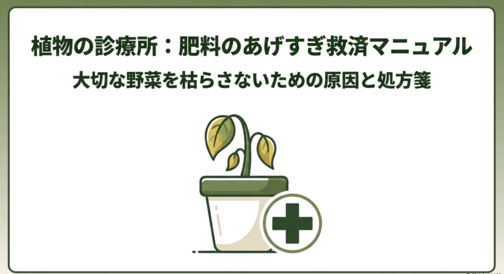 枯れかけた鉢植えの植物と緑色の十字マークが描かれた、大切な野菜を枯らさないための肥料のあげすぎ救済マニュアルの表紙画像。