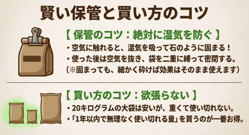 肥料の保管のコツ （湿気を防ぐ密閉）と買い方のコツ （1年以内で使い切れる量を買う ）