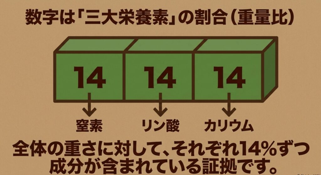 肥料の数字は三大栄養素(窒素・リン酸・カリウム)の割合(重量比)がそれぞれ14%であることを示す図解