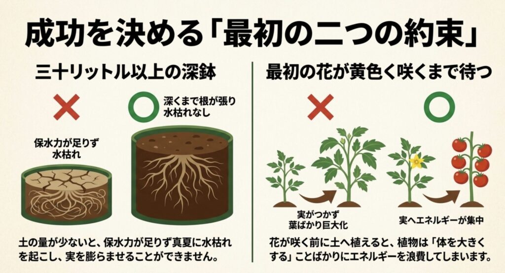 水枯れを防ぐ30L以上の深鉢の推奨と、最初の花が咲くまで定植を待つことの重要性を示す図解