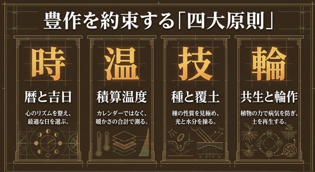 豊作を約束する四大原則（時、温、技、輪）の概要スライド