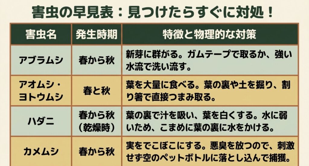 アブラムシ、アオムシ・ヨトウムシ、ハダニ、カメムシといった主な害虫の発生時期、特徴、物理的な対策方法をまとめた早見表スライド。