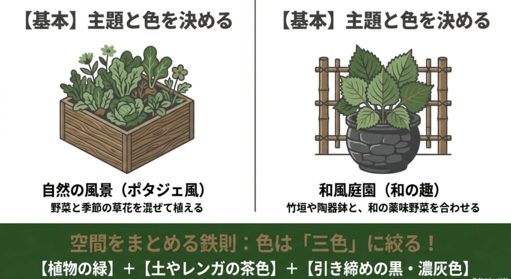 家庭菜園の基本：ポタジェ風や和風庭園などの主題と、色を三色に絞る空間のまとめ方