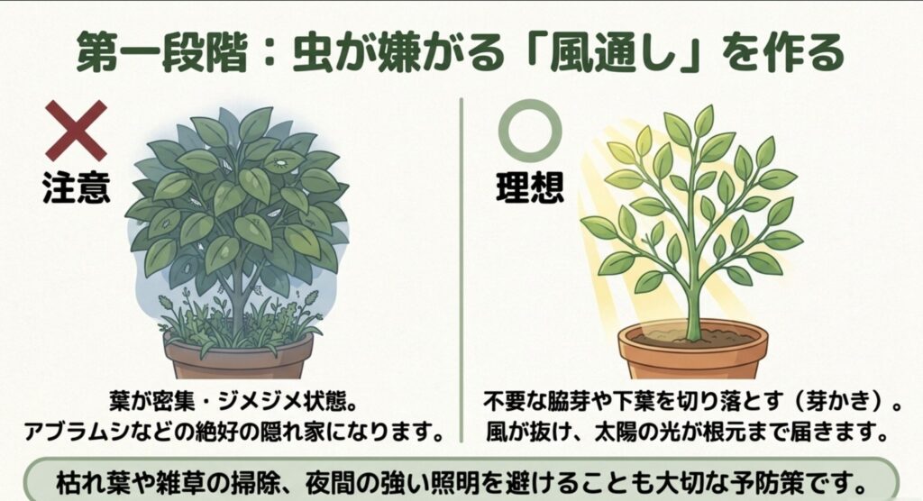 害虫対策の第一段階として、虫が嫌がる「風通し」を作る方法を解説した図解。不要な脇芽や下葉を切り落として風を抜けさせる理想的な状態と、葉が密集した注意すべき状態を比較しています。