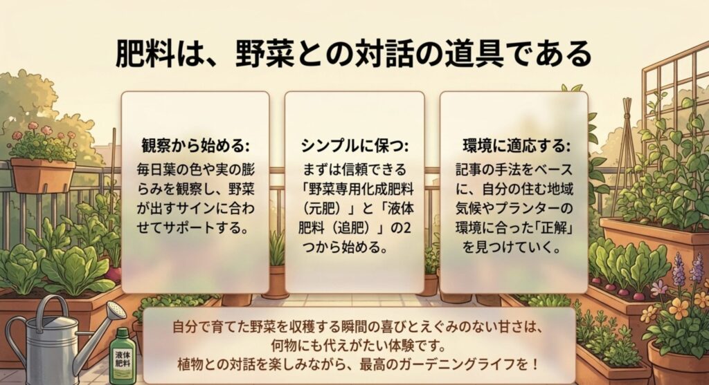 ベランダ栽培のイラストと共に、観察・シンプル・適応の3つのポイントをまとめ、ガーデニングライフを応援するメッセージが書かれたスライド。
