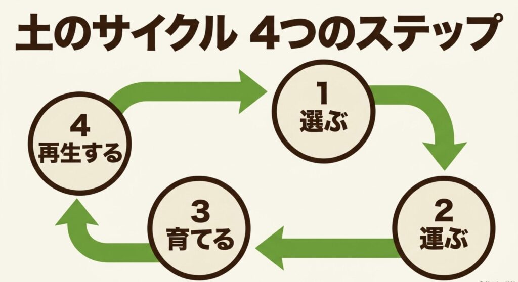 選ぶ、運ぶ、育てる、再生するという土のサイクルの4つのステップを示す図