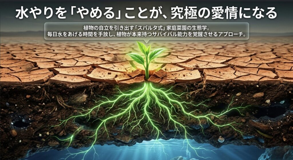 乾いた大地から根を深く伸ばして芽吹く植物のイラスト。水やりをやめることが植物の自立を引き出すことを表現しています。