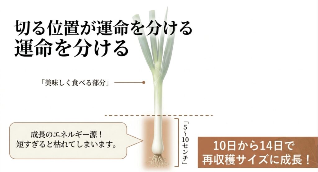 ネギの再生栽培における切る位置の解説。根元を5から10センチ残してカットすると10日から14日で再収穫サイズに成長する。