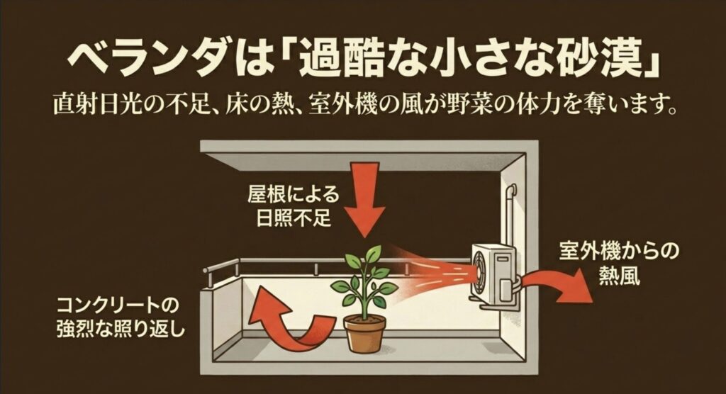 コンクリートの強烈な照り返し、屋根による日照不足、室外機からの熱風などベランダ特有の過酷な環境を示す図