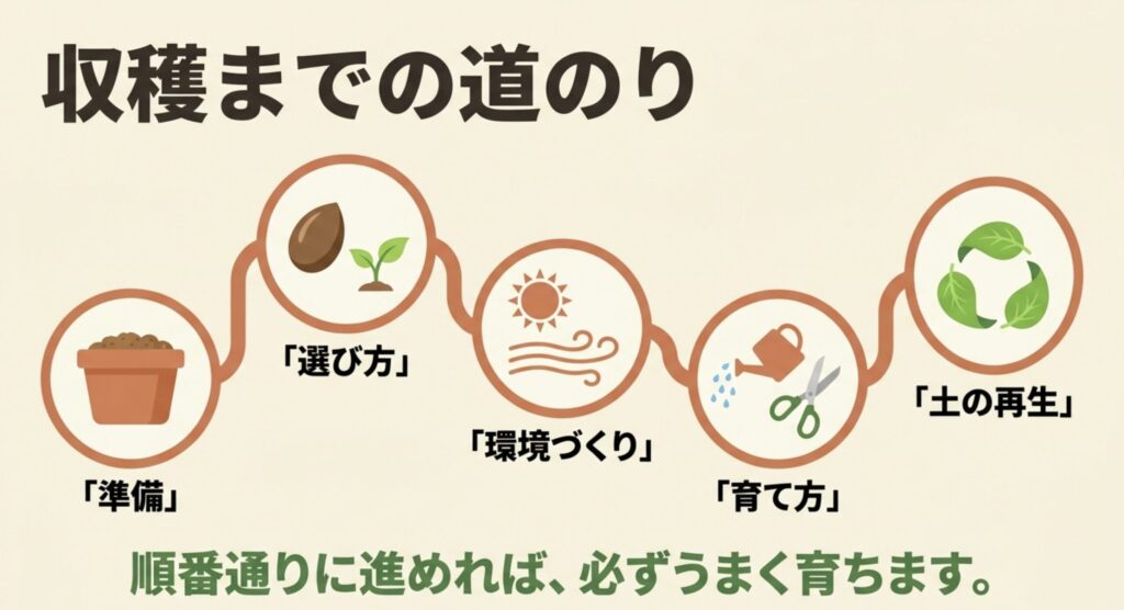 準備、選び方、環境づくり、育て方、土の再生という収穫までの5つのステップ