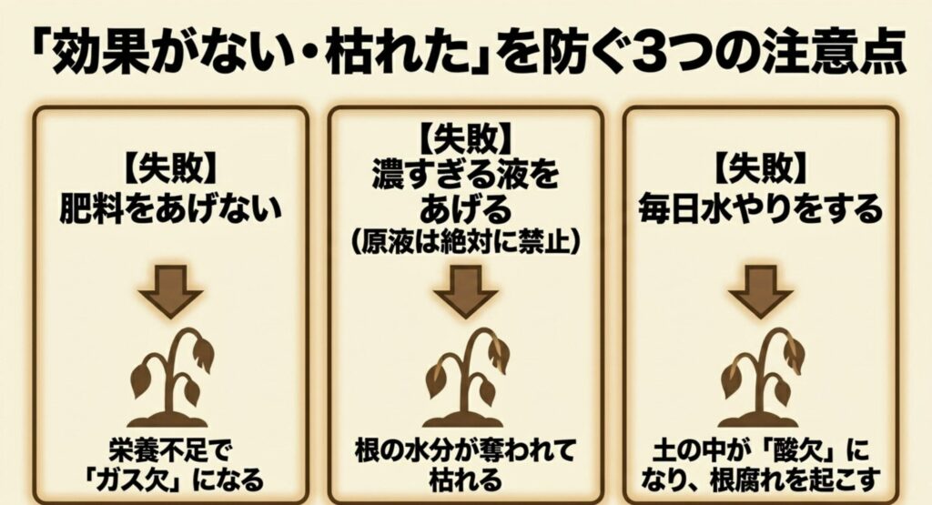 肥料を与えない、原液など濃すぎる液を与える、毎日水やりをするといった、HB-101使用時によくある3つの失敗例
