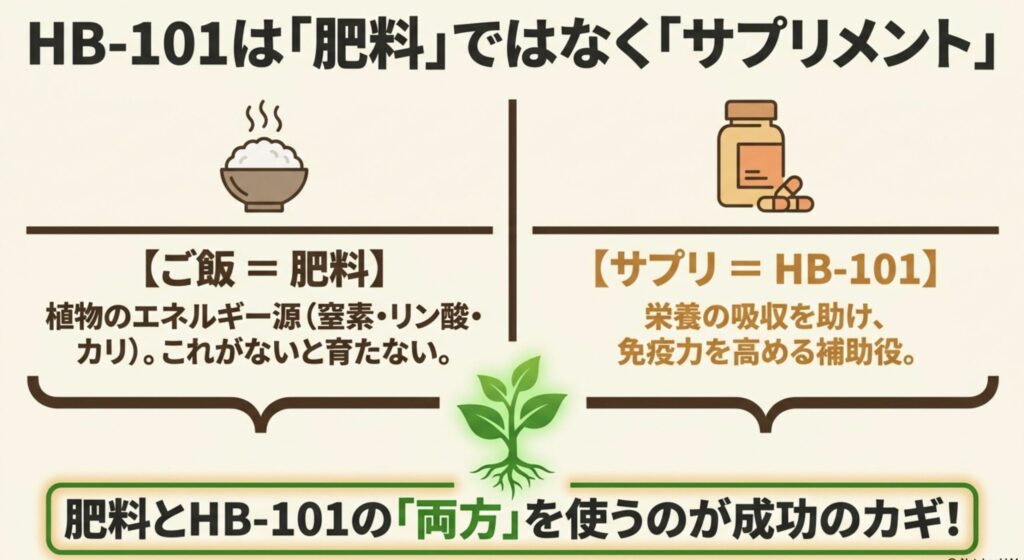 肥料を植物のご飯、HB-101を栄養吸収を助けるサプリメントに例え、両方を使うことが成功のカギであることを示した図解
