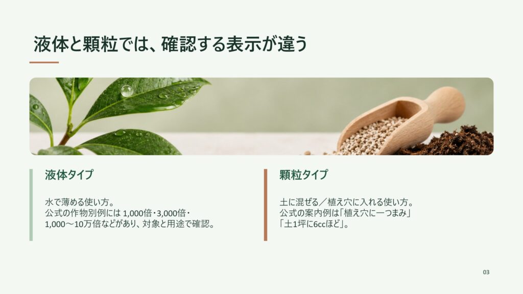 HB-101を植物活力液として肥料とは分けて考えることを示したスライド