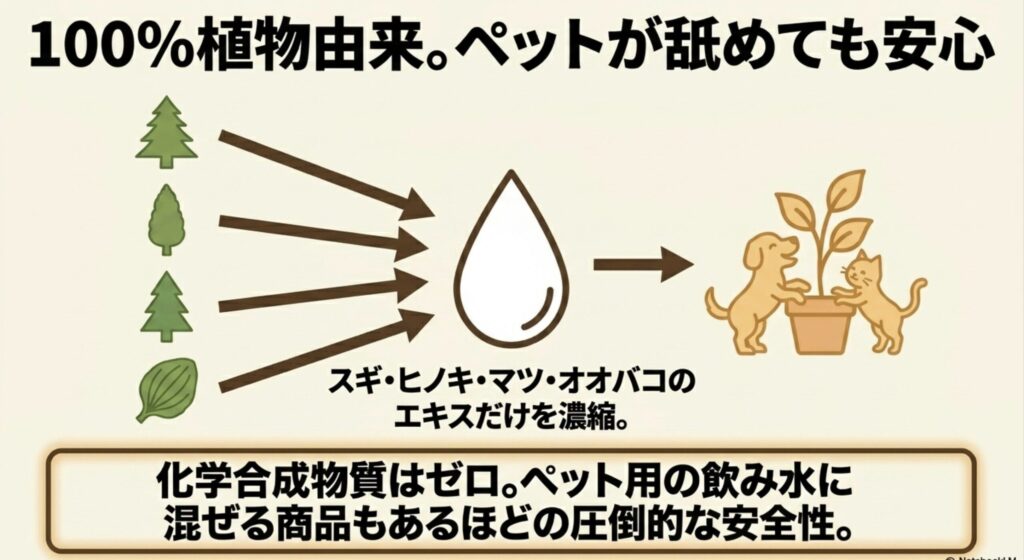 スギ・ヒノキ・マツ・オオバコのエキスを濃縮した100%植物由来で、ペットが舐めても安心であることを解説したスライド