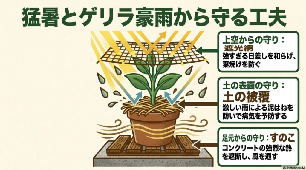 猛暑とゲリラ豪雨から守る工夫。上空の遮光網、土の被覆（マルチング）、足元のすのこを使って、日差し、泥はね、熱から植物を守る対策の図解。