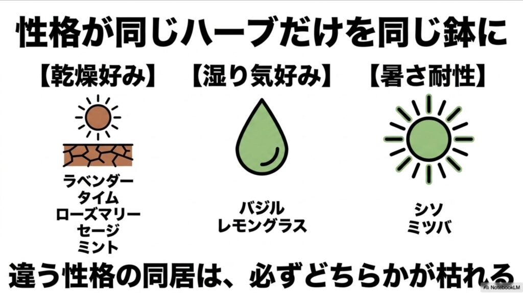 性格が同じハーブだけを同じ鉢に。乾燥好み、湿り気好み、暑さ耐性など、違う性格の同居はどちらかが枯れる原因になるという説明。