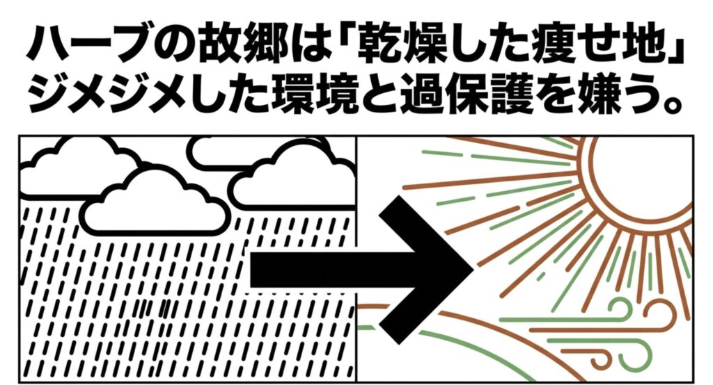 ハーブの故郷は「乾燥した痩せ地」。ジメジメした環境と過保護を嫌うことを示すイラスト。