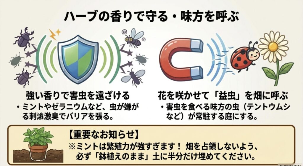 強い香りで害虫を遠ざけ、花を咲かせて益虫を畑に呼ぶハーブの活用法と、ミントの鉢植えのイラスト