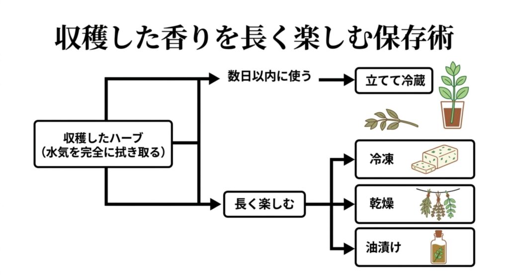 収穫した香りを長く楽しむ保存術。水気を完全に拭き取り、数日以内に使う場合は立てて冷蔵、長く楽しむ場合は冷凍、乾燥、油漬けにするフローチャート。