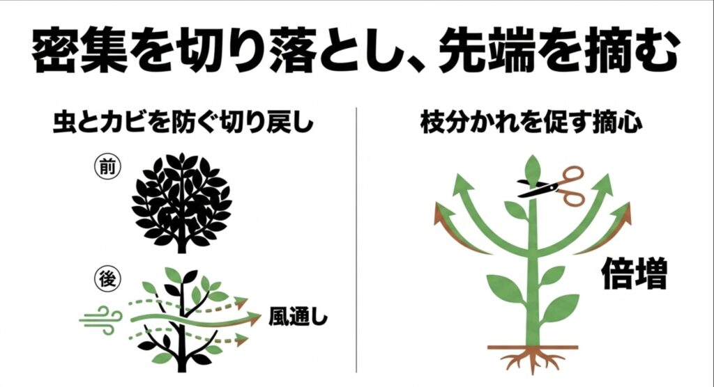 密集を切り落とし、先端を摘む。虫とカビを防ぐ切り戻しによる風通しの確保と、枝分かれを促す摘心のイラスト。