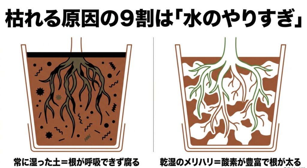 枯れる原因の9割は「水のやりすぎ」。常に湿った土で根が腐る状態と、乾湿のメリハリで根が太る状態の比較。